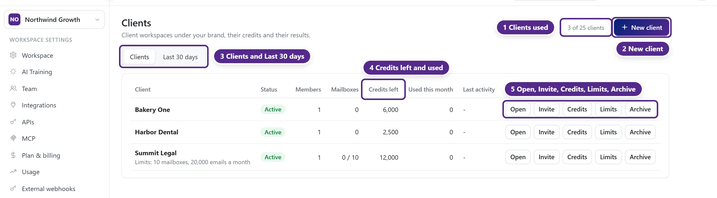 The Clients page with the number of clients used, New client, the Clients and Last 30 days tabs, and a table of client workspaces with their buttons.
