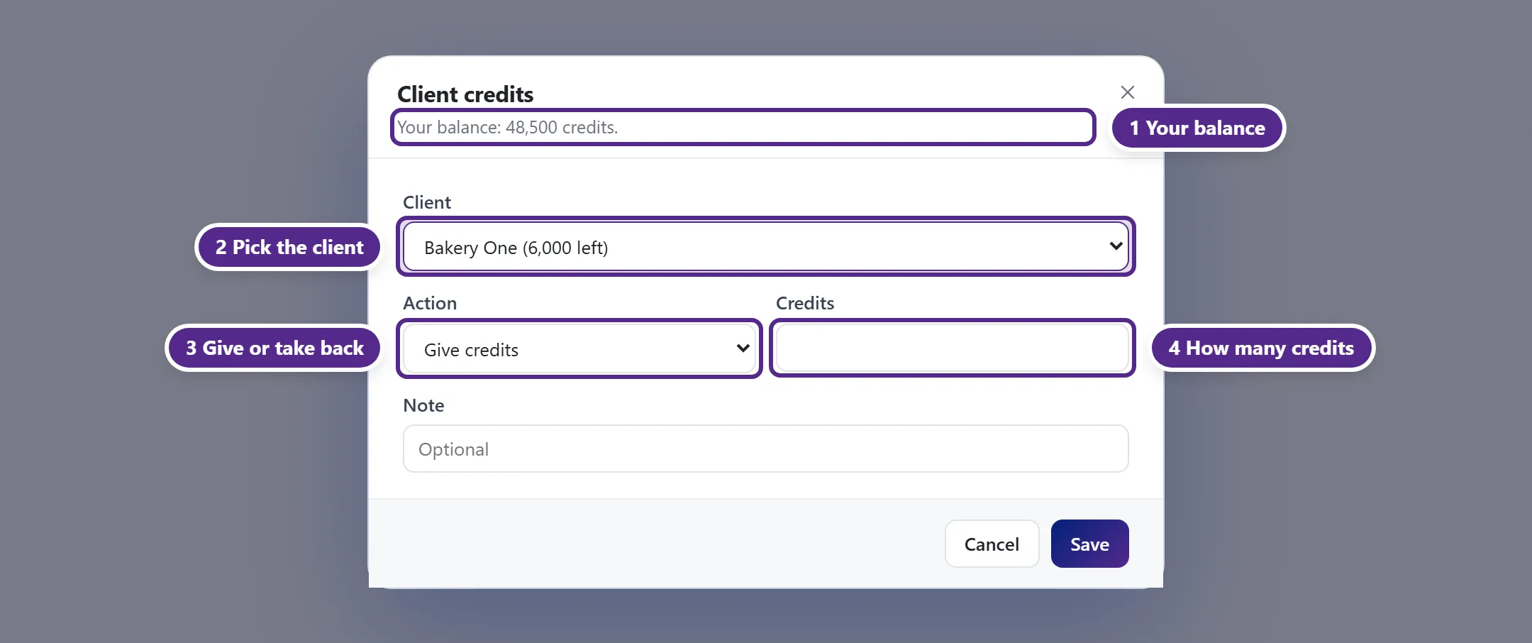 The Client credits popup with the client picker, Give credits or Take back unused credits, the amount and the note.