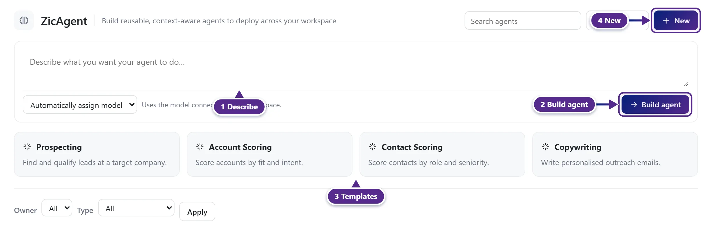 The ZicAgent builder page with the describe box, Build agent and the starting templates.