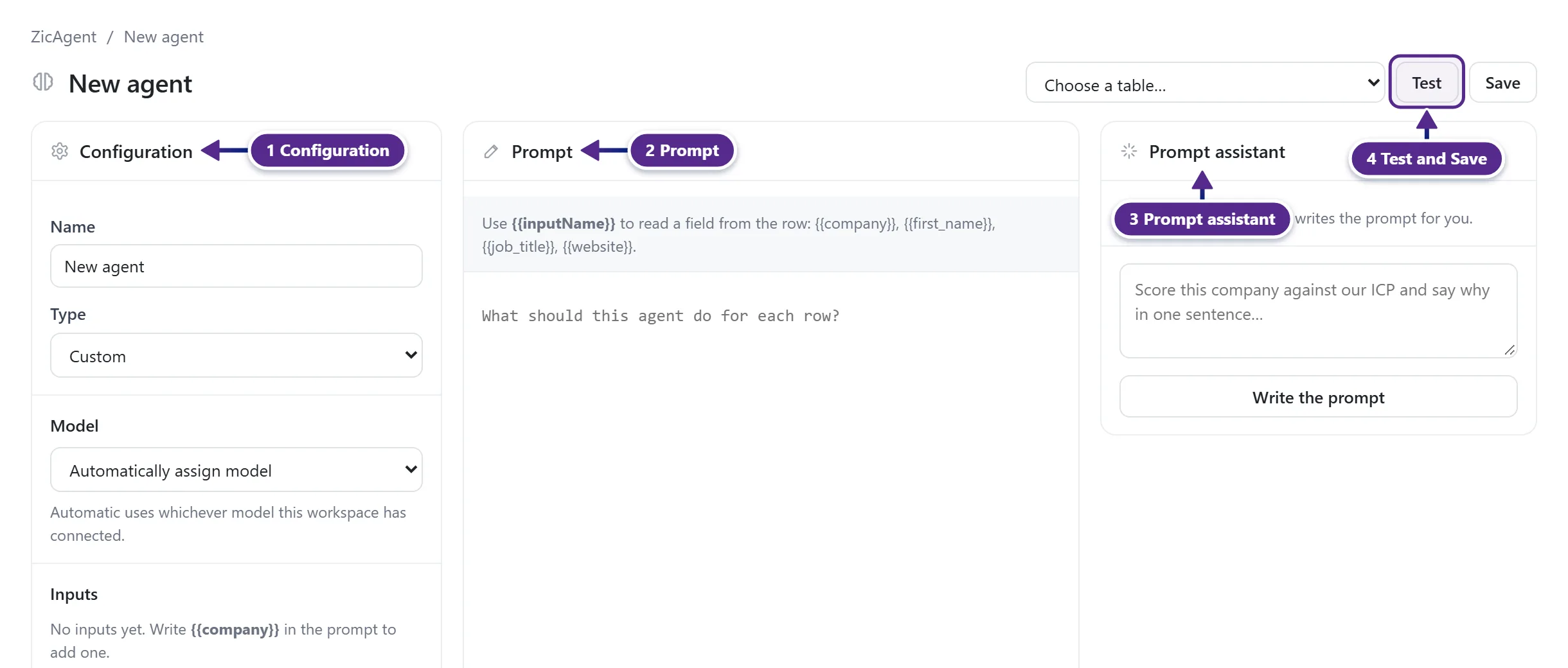 The agent editor with Configuration, Prompt and Prompt assistant, and the Test and Save buttons.