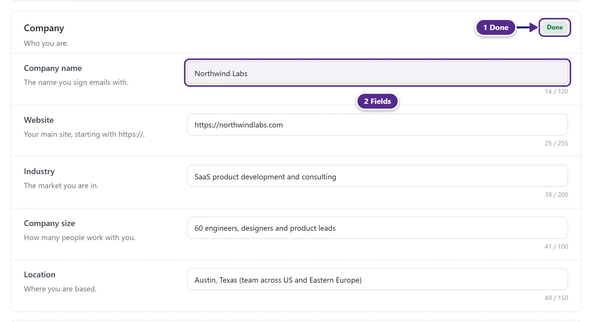 The Company section of AI Training with its fields and the Done label.