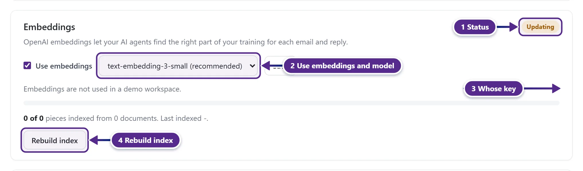 The Embeddings card with its status, the Use embeddings switch, the model picker, the source line and Rebuild index.