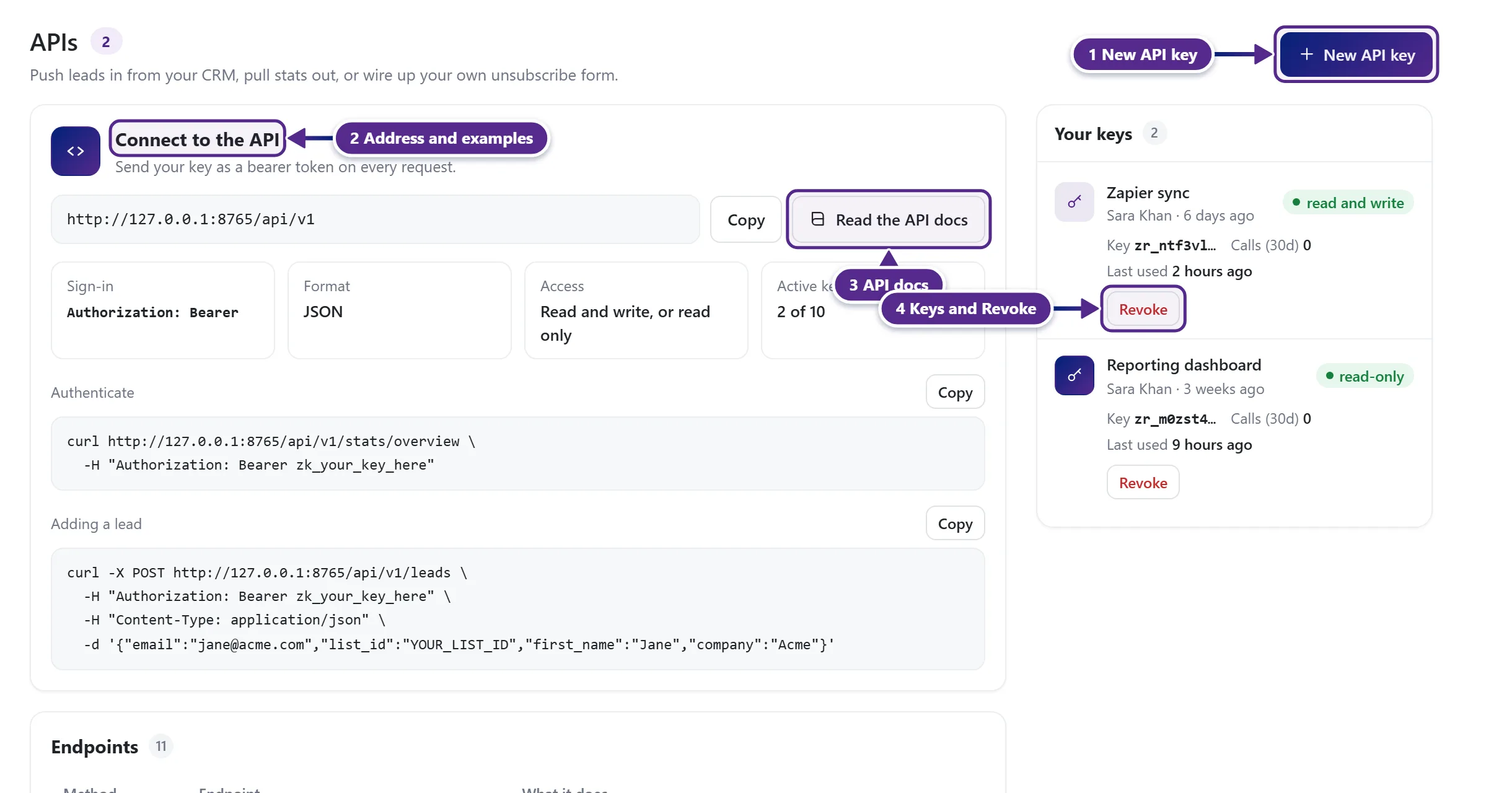 The APIs page with New API key, the Connect to the API card and the keys panel with Revoke.