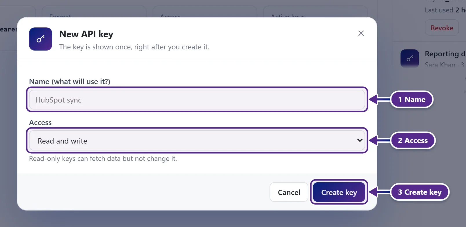 The New API key popup with the name, the access choice and the Create key button.