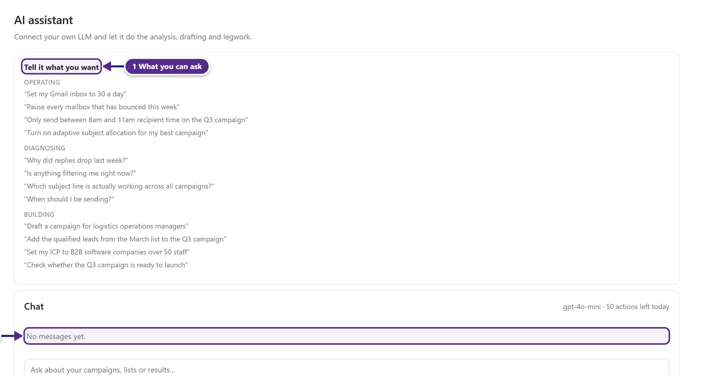 The AI assistant page with example requests and the chat.