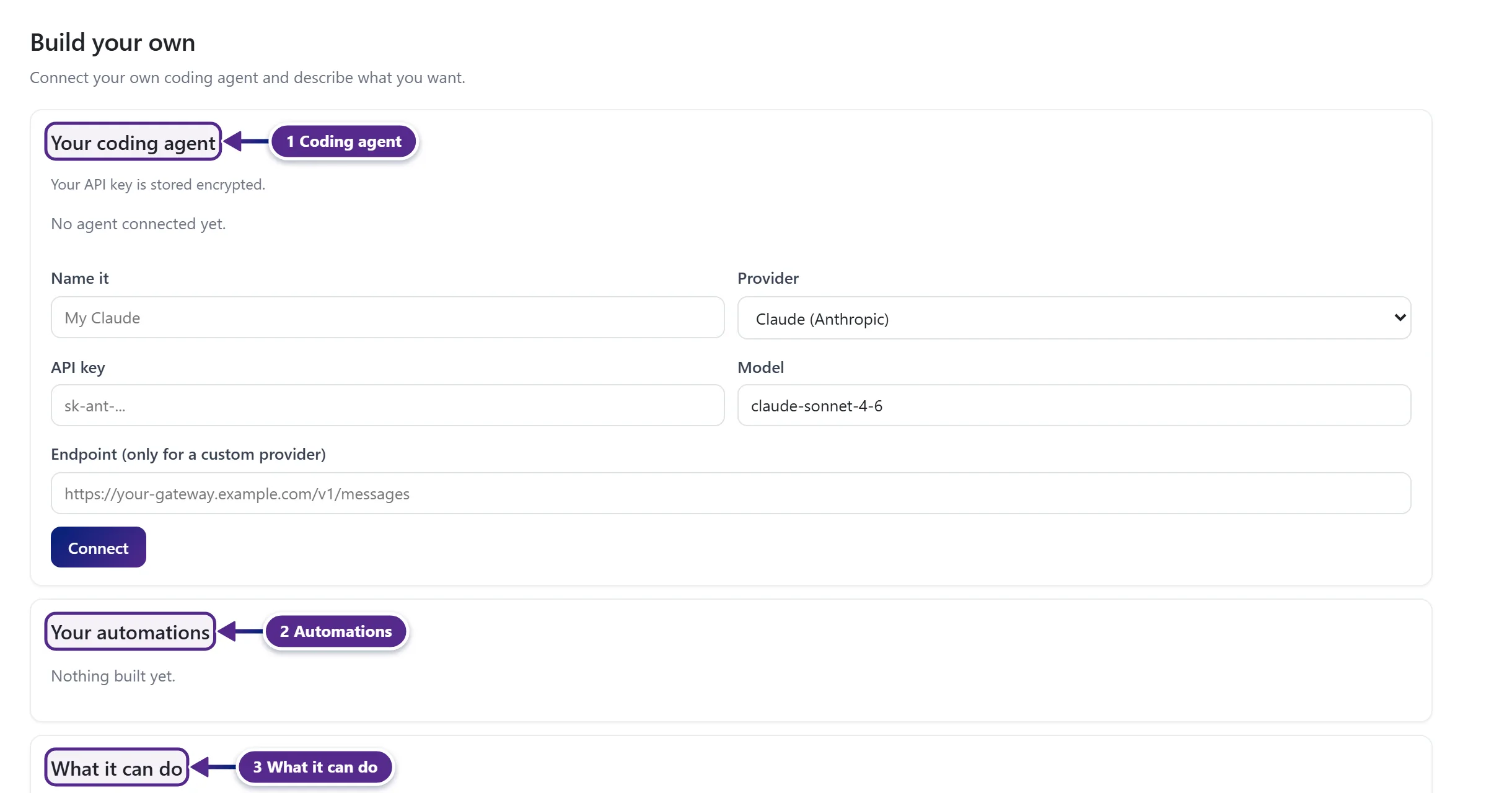 The Build your own page with Your coding agent, Your automations and What it can do.