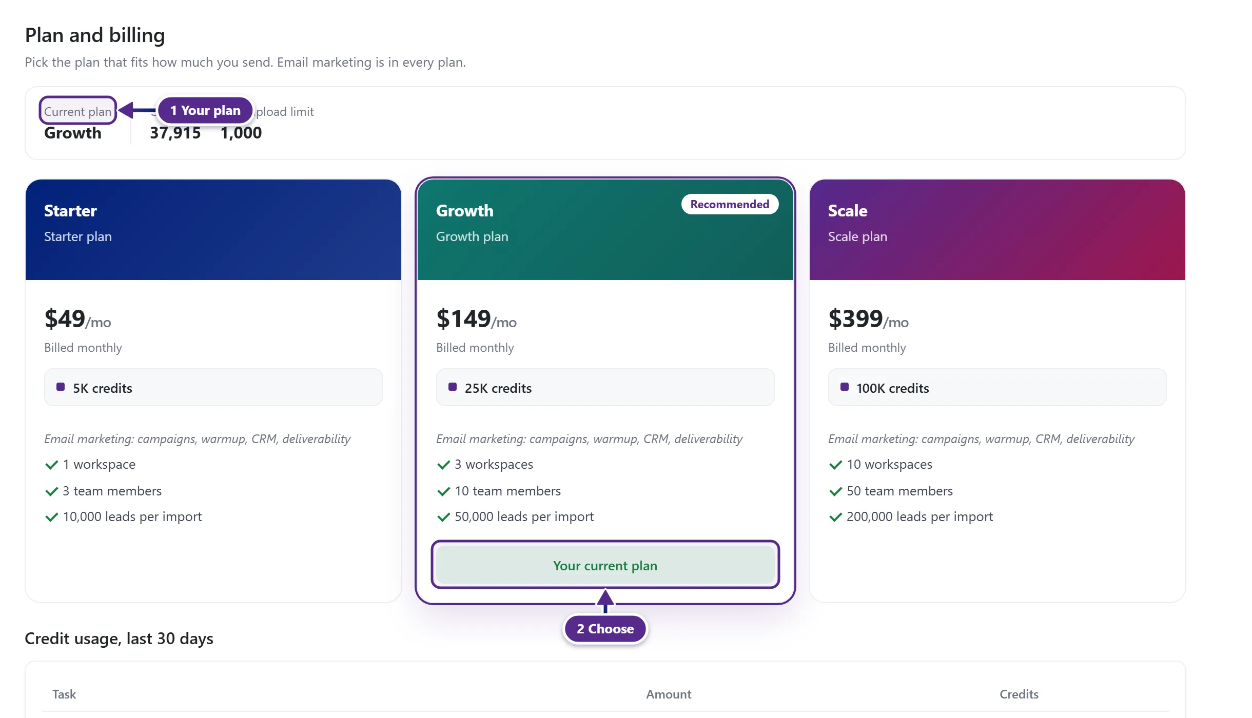 The Plan and billing page with the current plan summary and the plan cards.