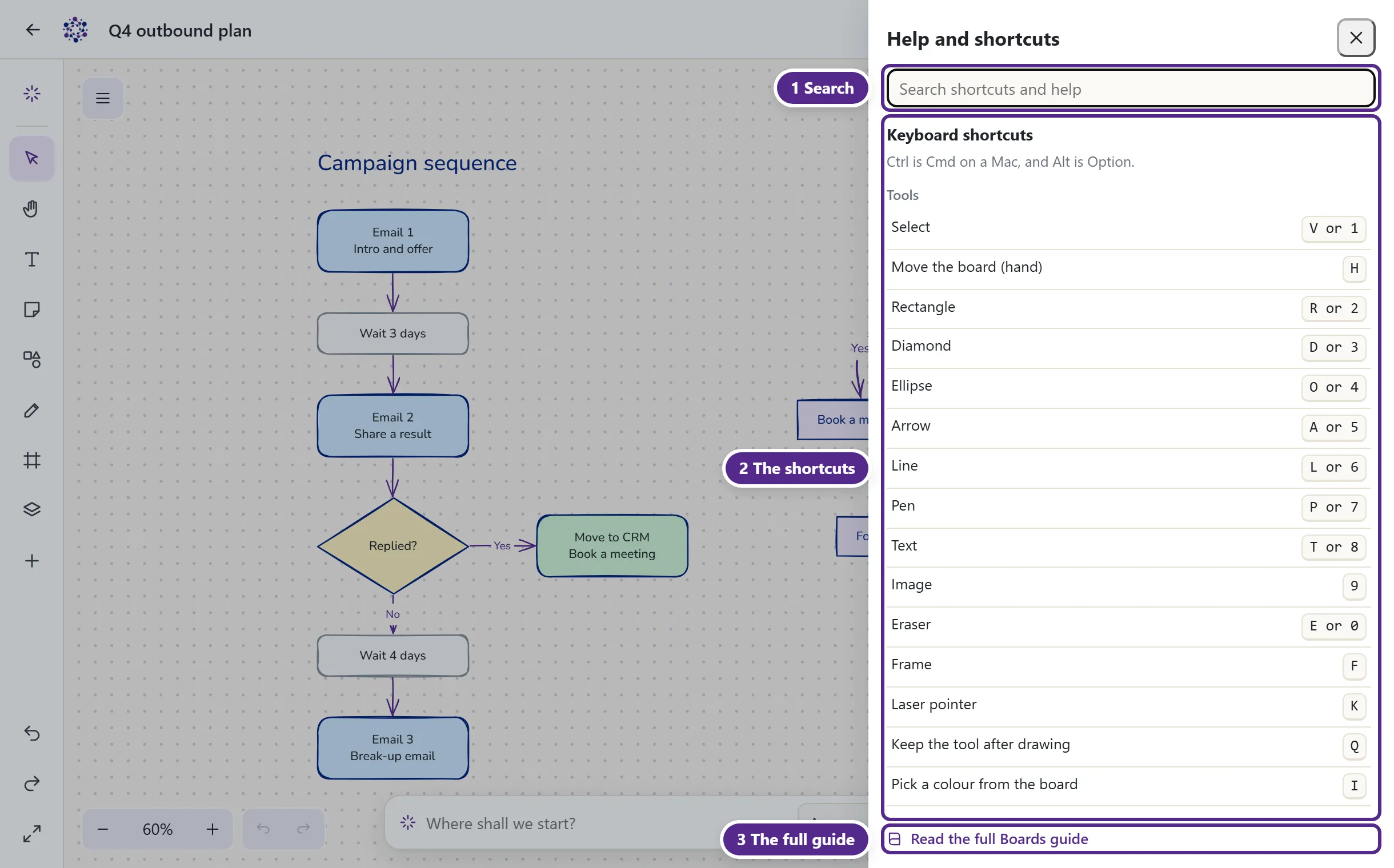 The Help and shortcuts panel on a board with the search box and the keyboard shortcuts.