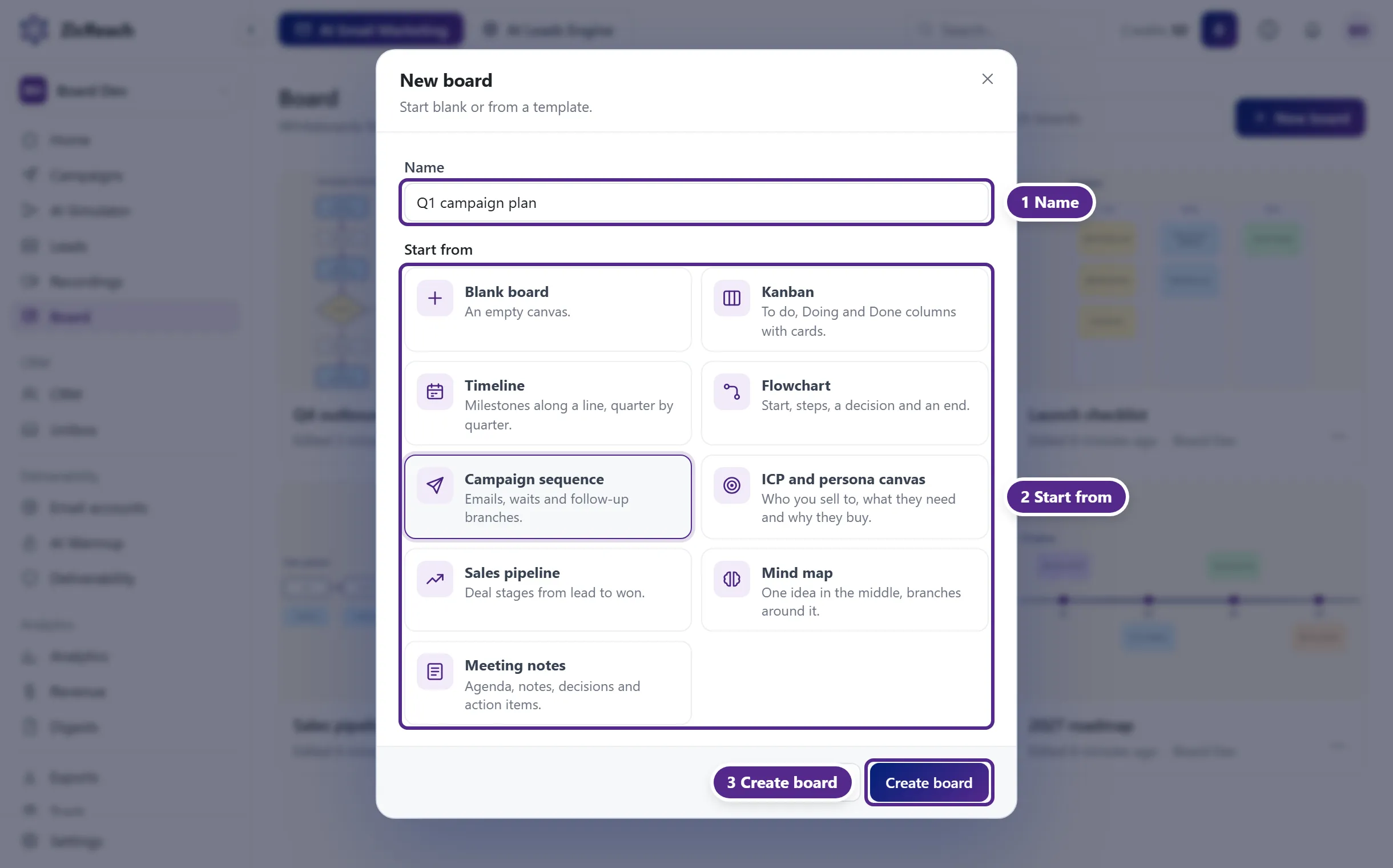 The New board popup with the name, the list of templates to start from and the Create board button.