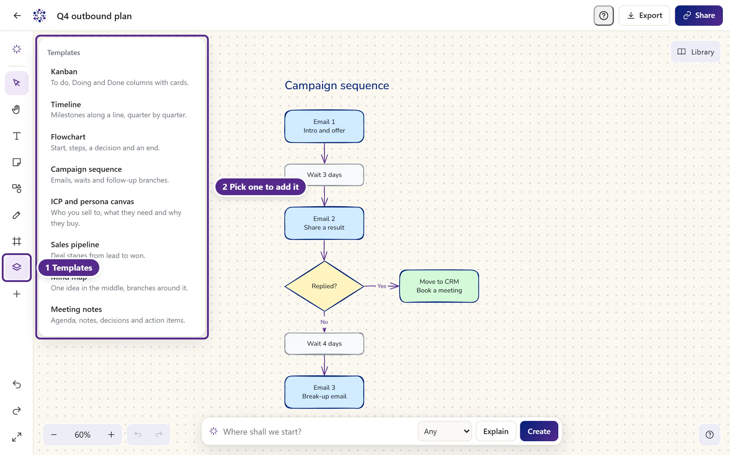 The Templates panel open beside the left toolbar, listing every template with a one-line description.