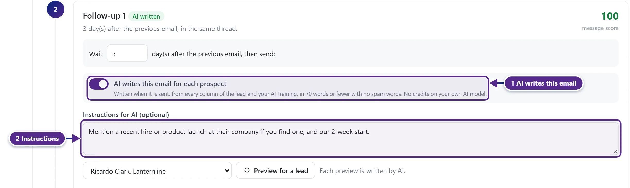 A sequence step with AI writes a personalised email for each prospect switched on and the instructions field.