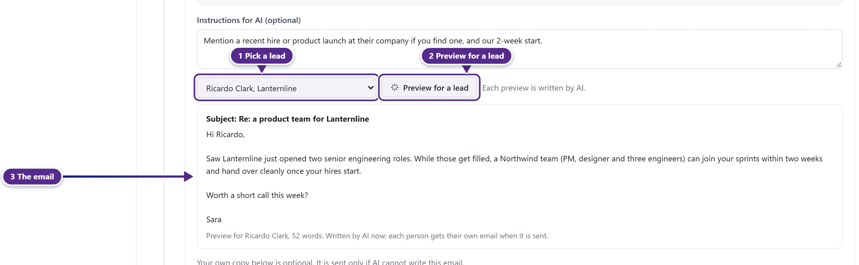 The AI panel of a step with the lead picker, the Preview for a lead button and a preview of the email.