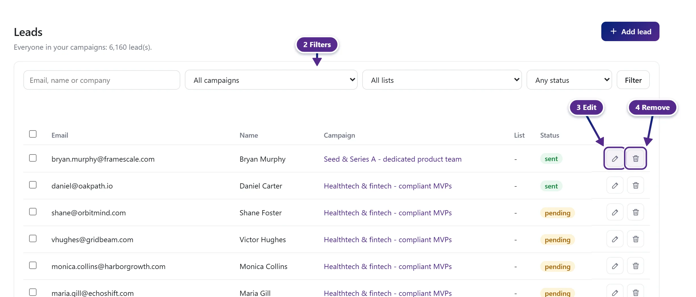 The Leads page with Add lead, the filters, the edit and remove buttons and the row checkboxes marked.