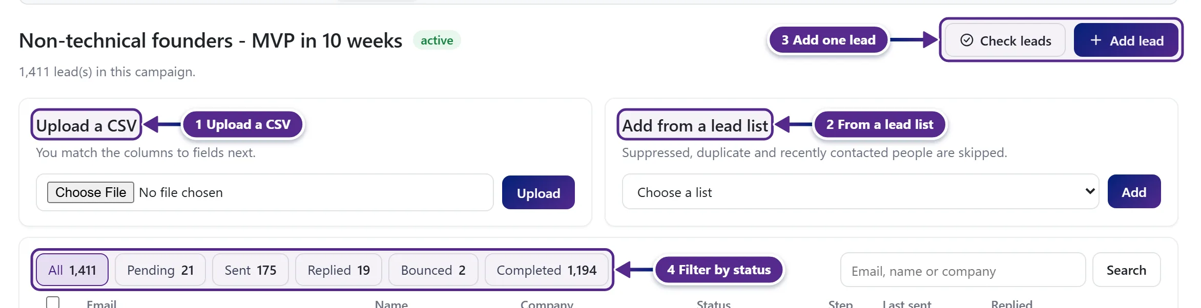 The Leads tab of a campaign with the Upload a CSV and Add from a lead list cards and the status filters.