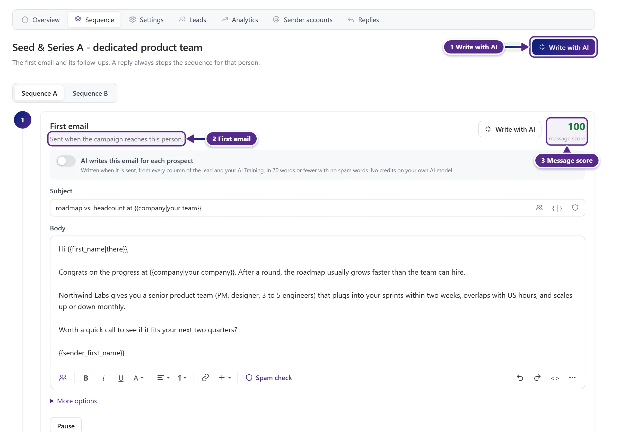 The Sequence tab with Write with AI, the first email and its message score marked.