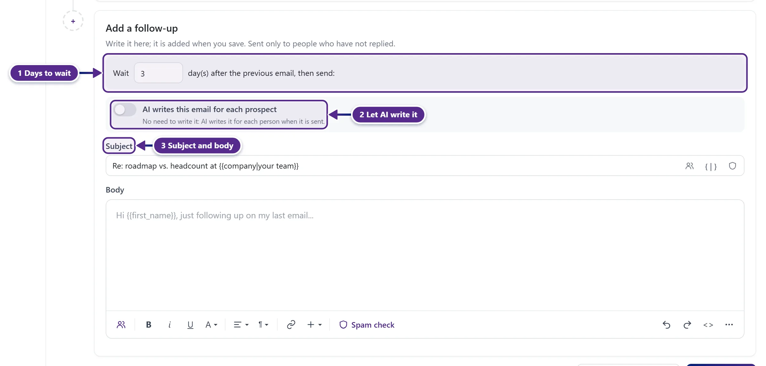 The Add a follow-up card with the wait in days, the AI switch, the subject and the body.