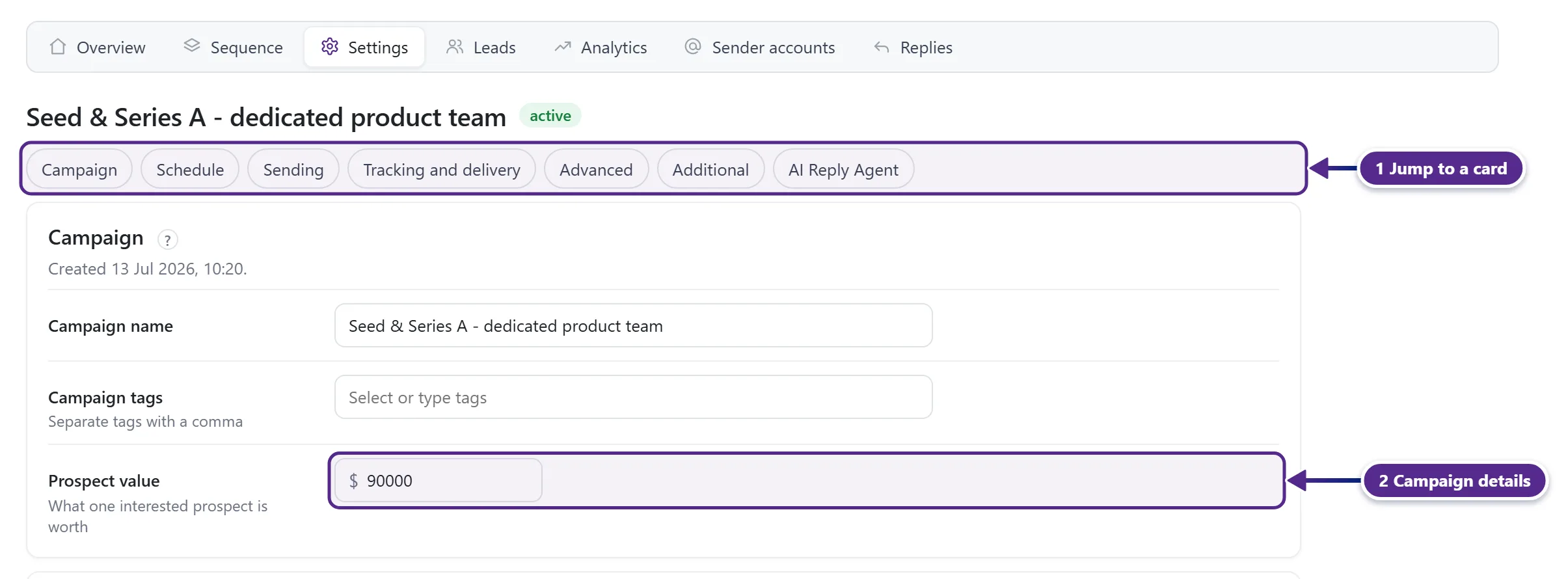 The top of the Settings tab with the jump links and the Campaign card.