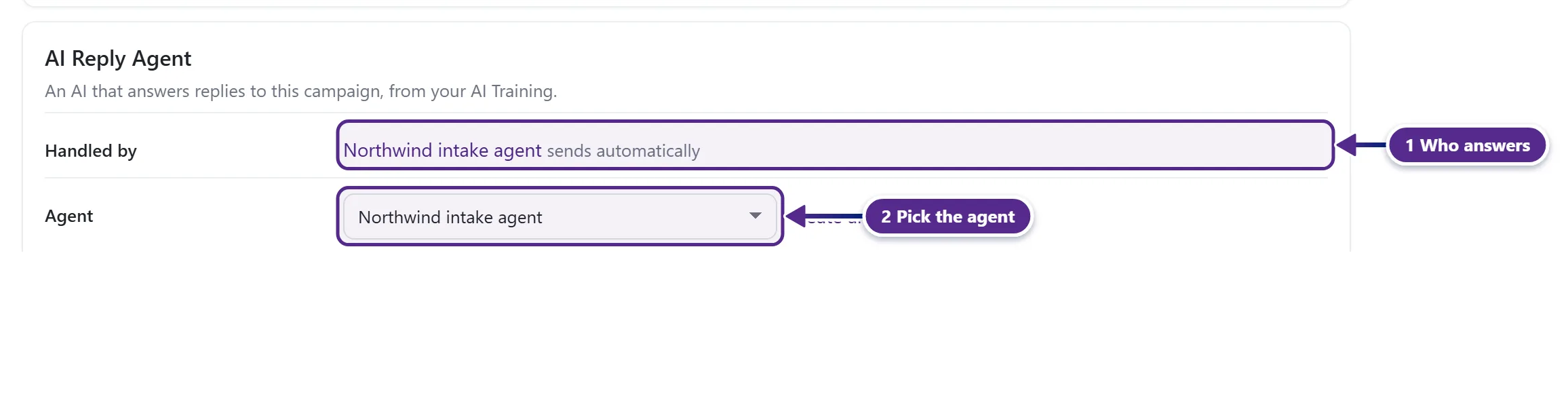 The AI Reply Agent card on the Settings tab with the agent picker and its save button.