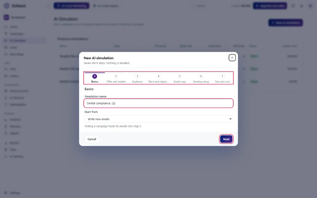 The New AI simulation popup on its first step, with the seven steps, the name field, Start from and the Next button.