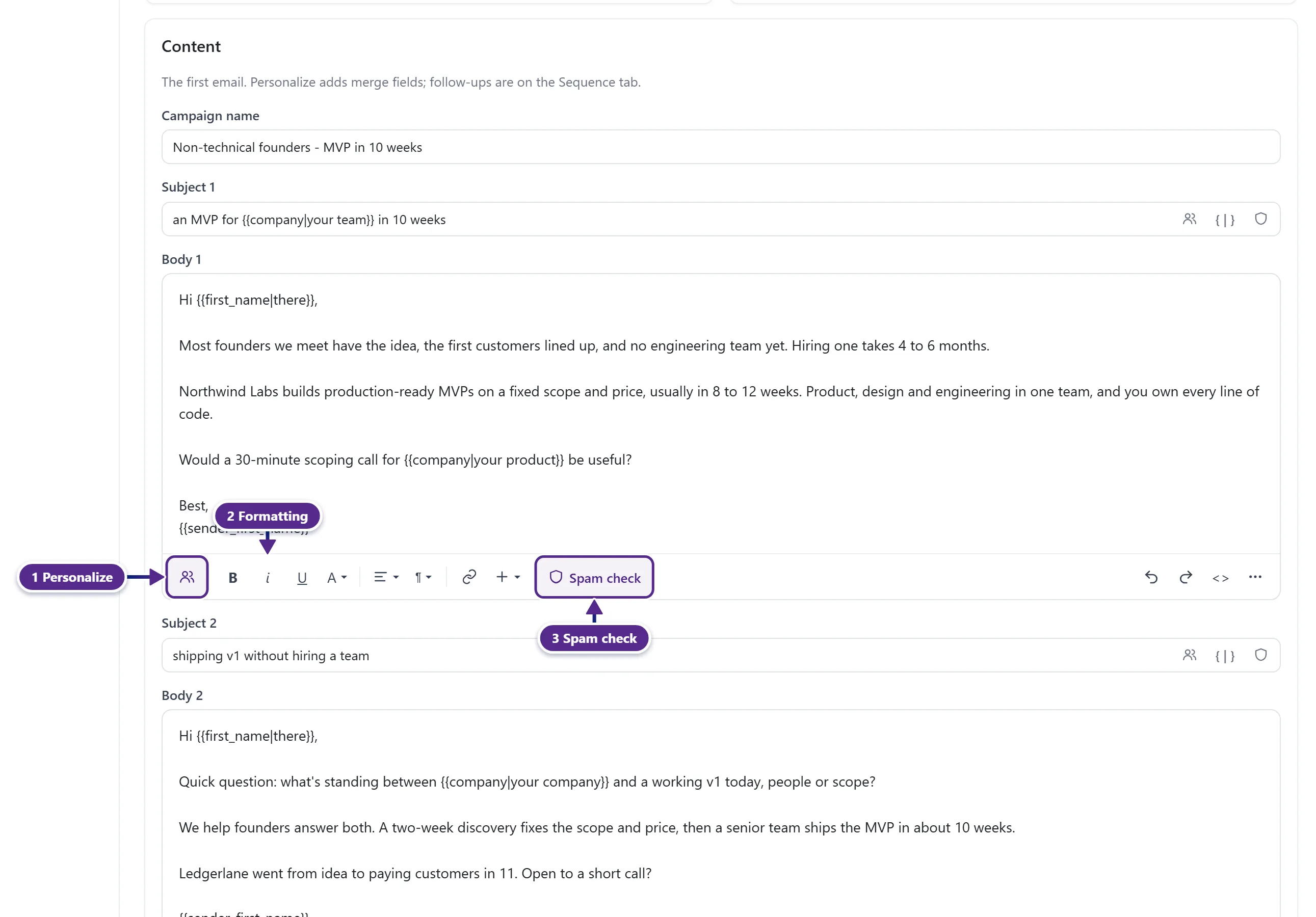 The email editor with the Personalize button, the formatting tools and Spam check marked.