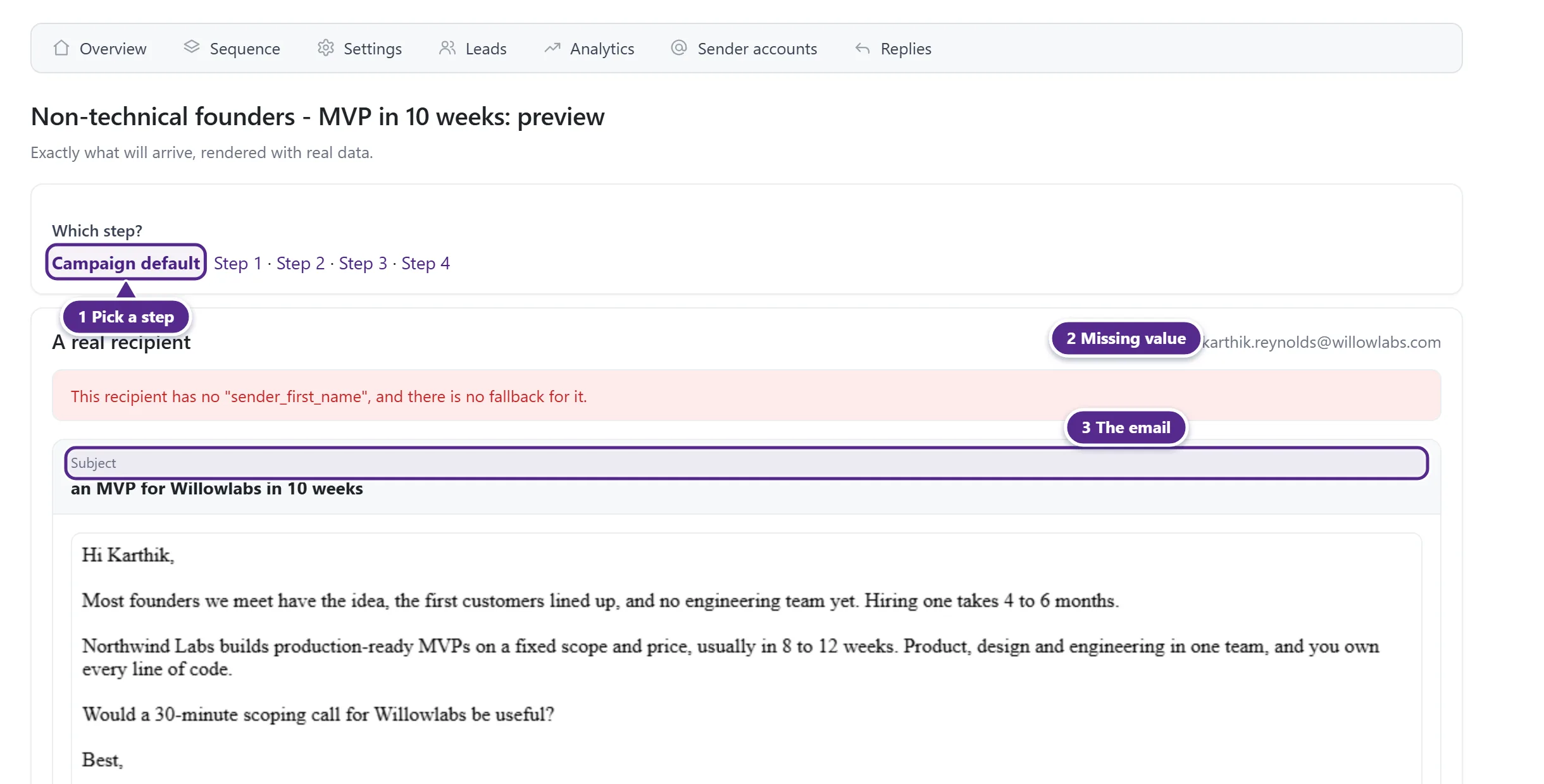 The preview page with the step picker, a real recipient and the rendered email.