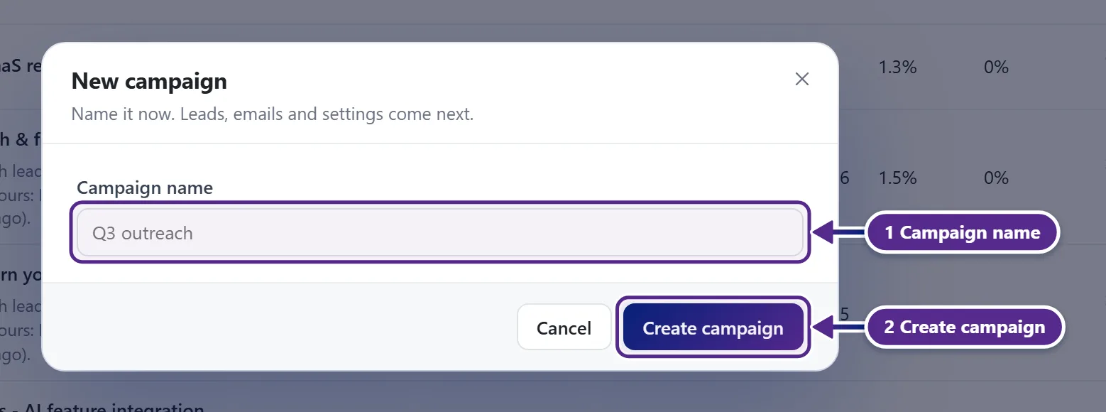 The New campaign popup with the Campaign name field and the Create campaign button.