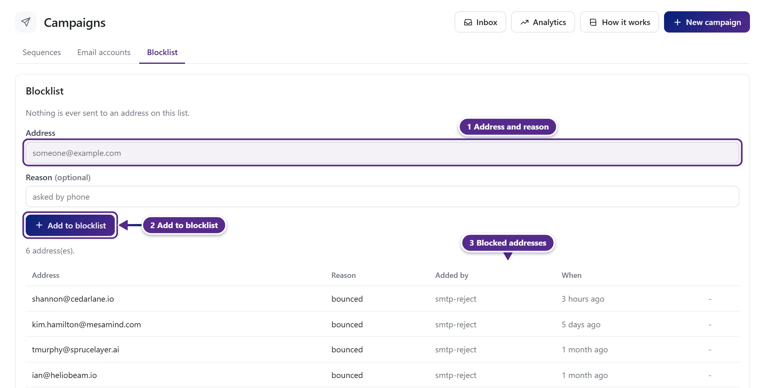 The Blocklist tab with the address and reason fields, the Add to blocklist button and the list of blocked addresses.