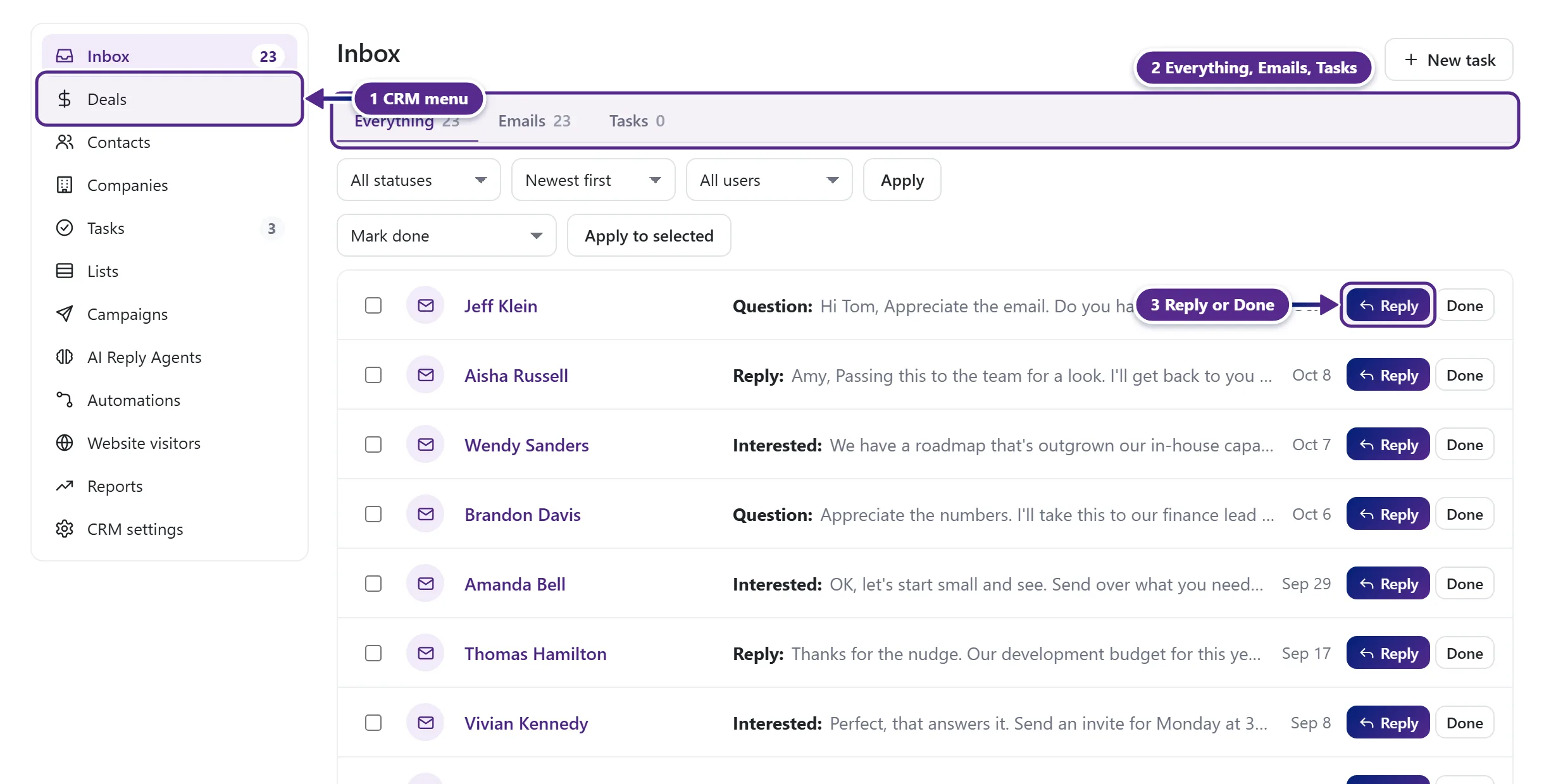 The CRM inbox with the CRM menu, the Everything, Emails and Tasks tabs and replies to answer.