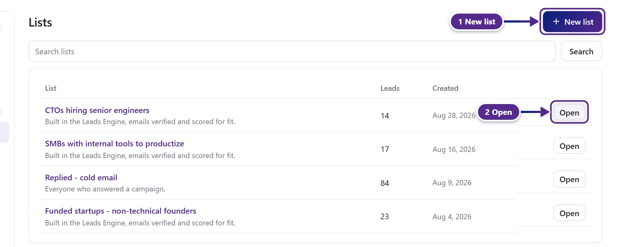 The CRM Lists page with the New list and Open buttons.