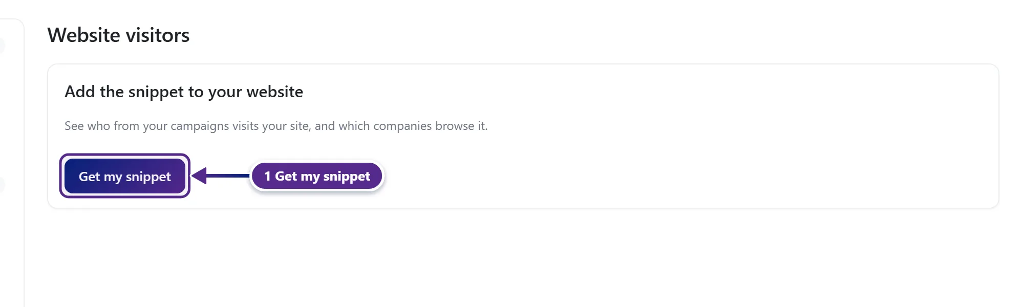 The Website visitors page with the Get my snippet button.