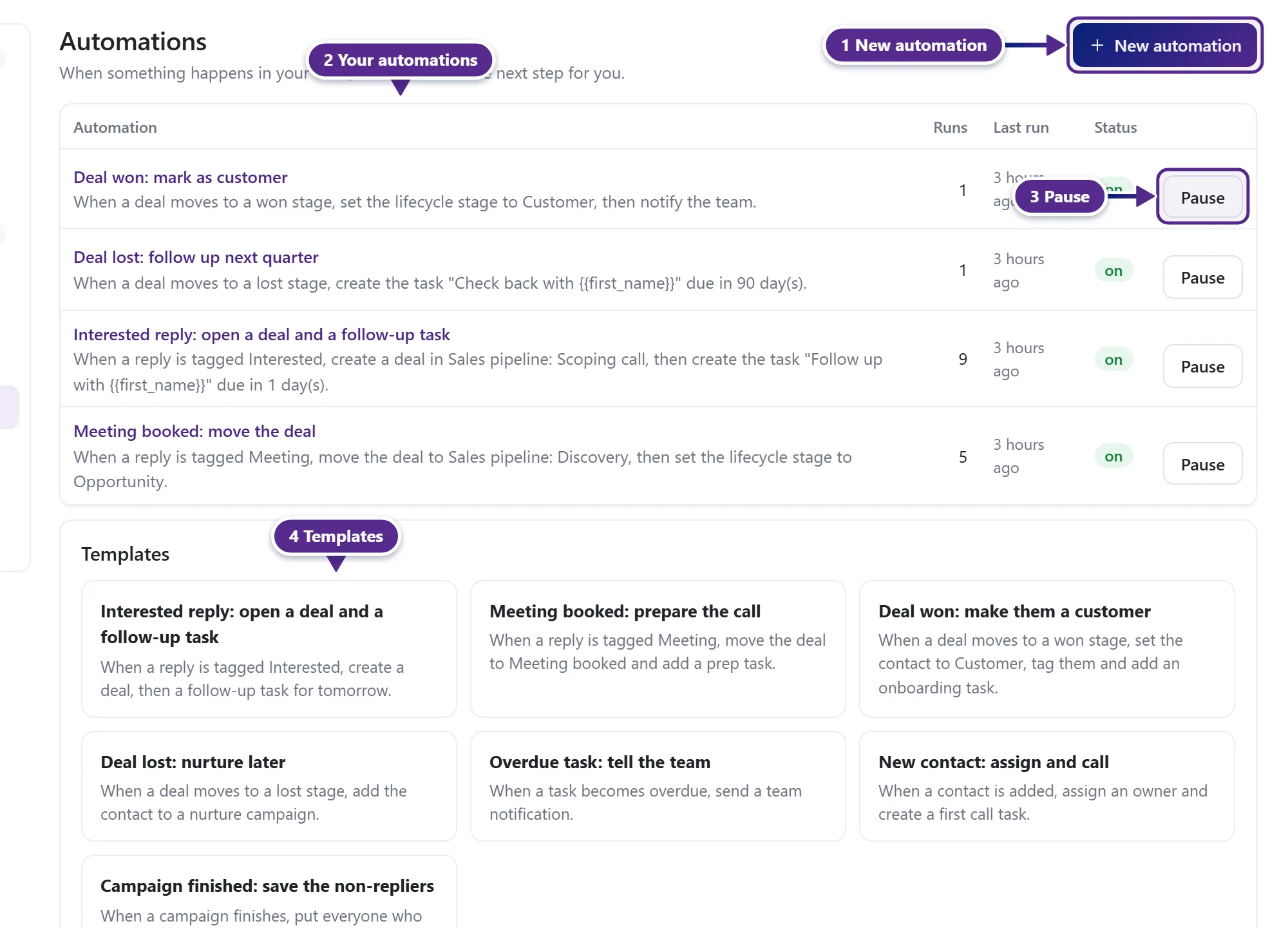 The Automations page with the list of automations, their runs and status, and the templates.