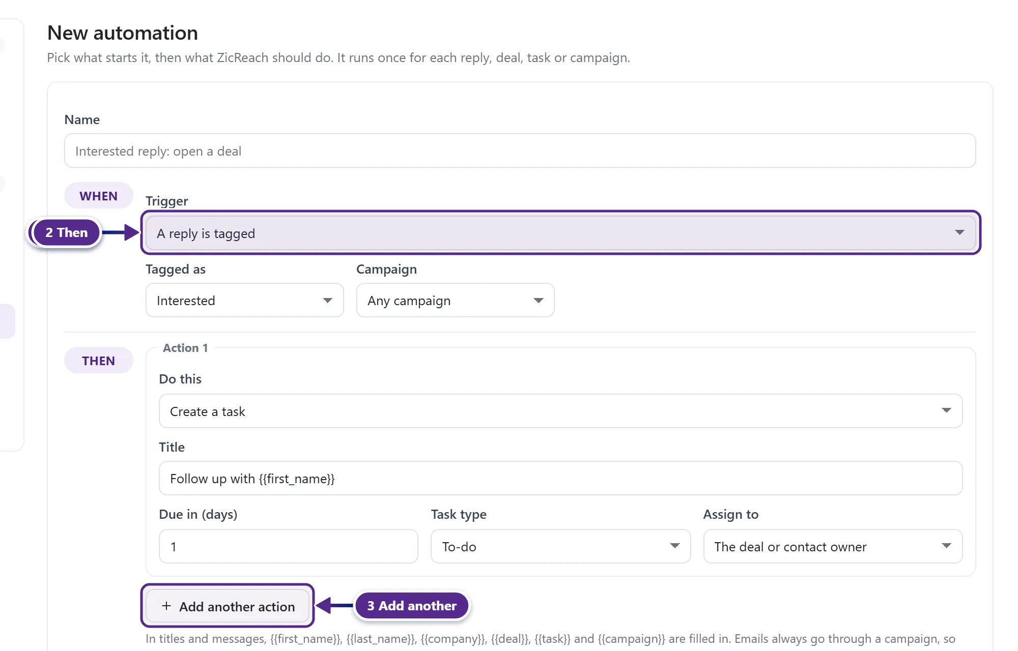 The New automation form with the When trigger, the Then action and the save buttons.