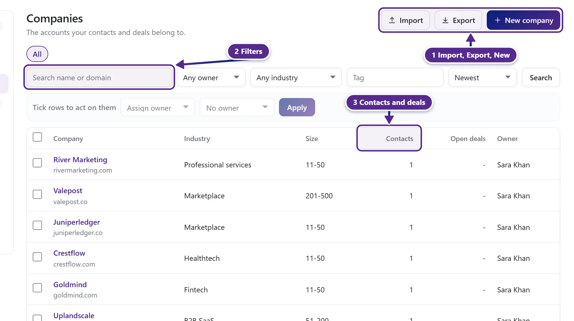The Companies page with Import, Export and New company and the list of companies.