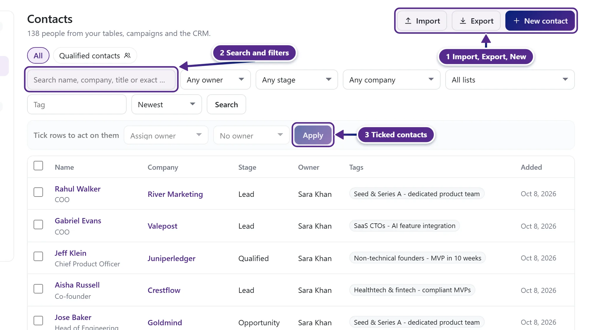 The Contacts page with the search, the filters, the bulk actions and the list of contacts.