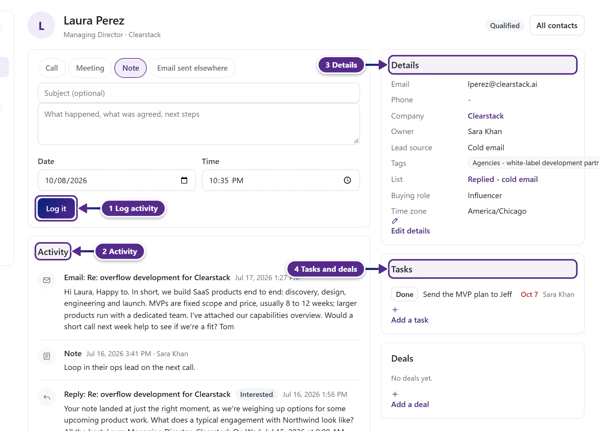 A contact page with the log box, the activity timeline, the details and the tasks and deals cards.
