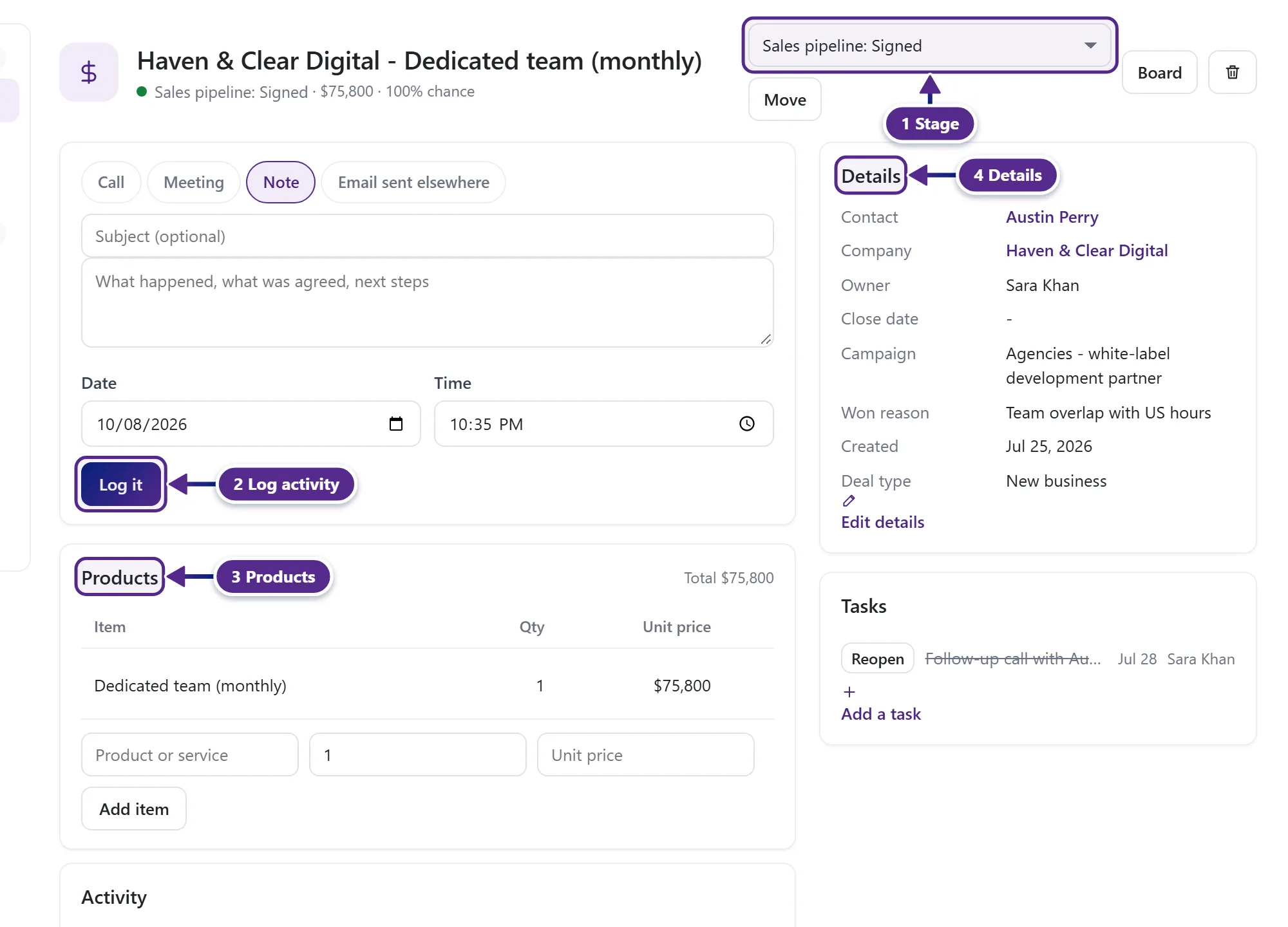 A deal page with the stage picker, the log box, the products and the details.