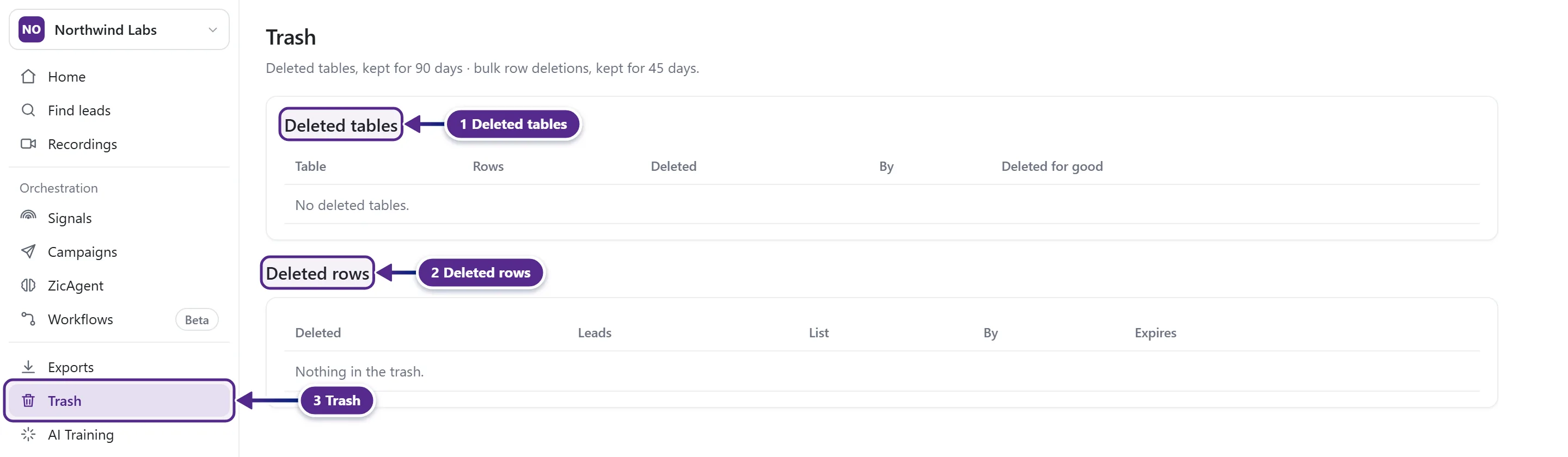 The Trash page with the Deleted tables and Deleted rows sections and the Trash menu item.