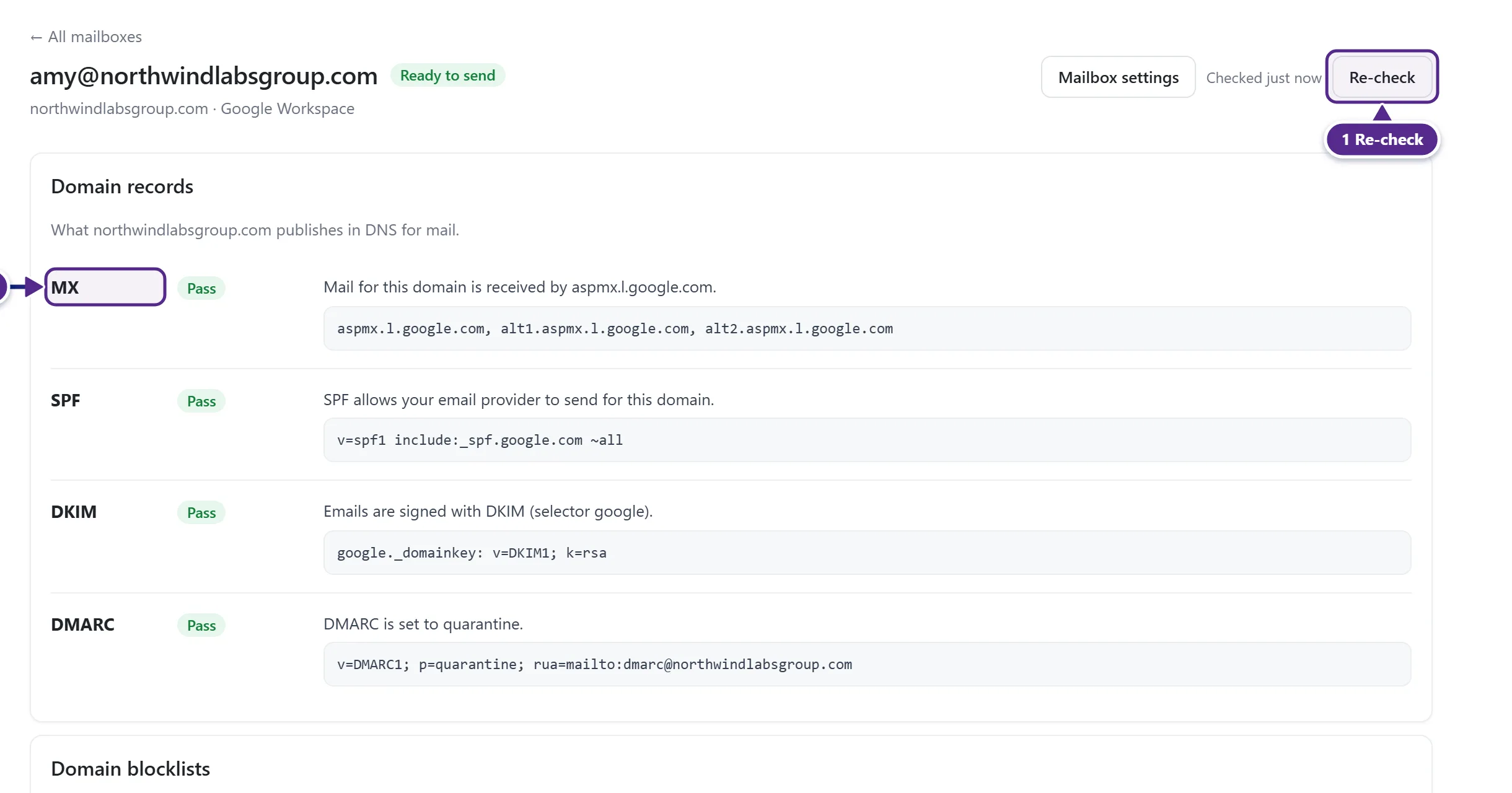 One mailbox on the Deliverability page with its domain records, blocklists and the Re-check button.