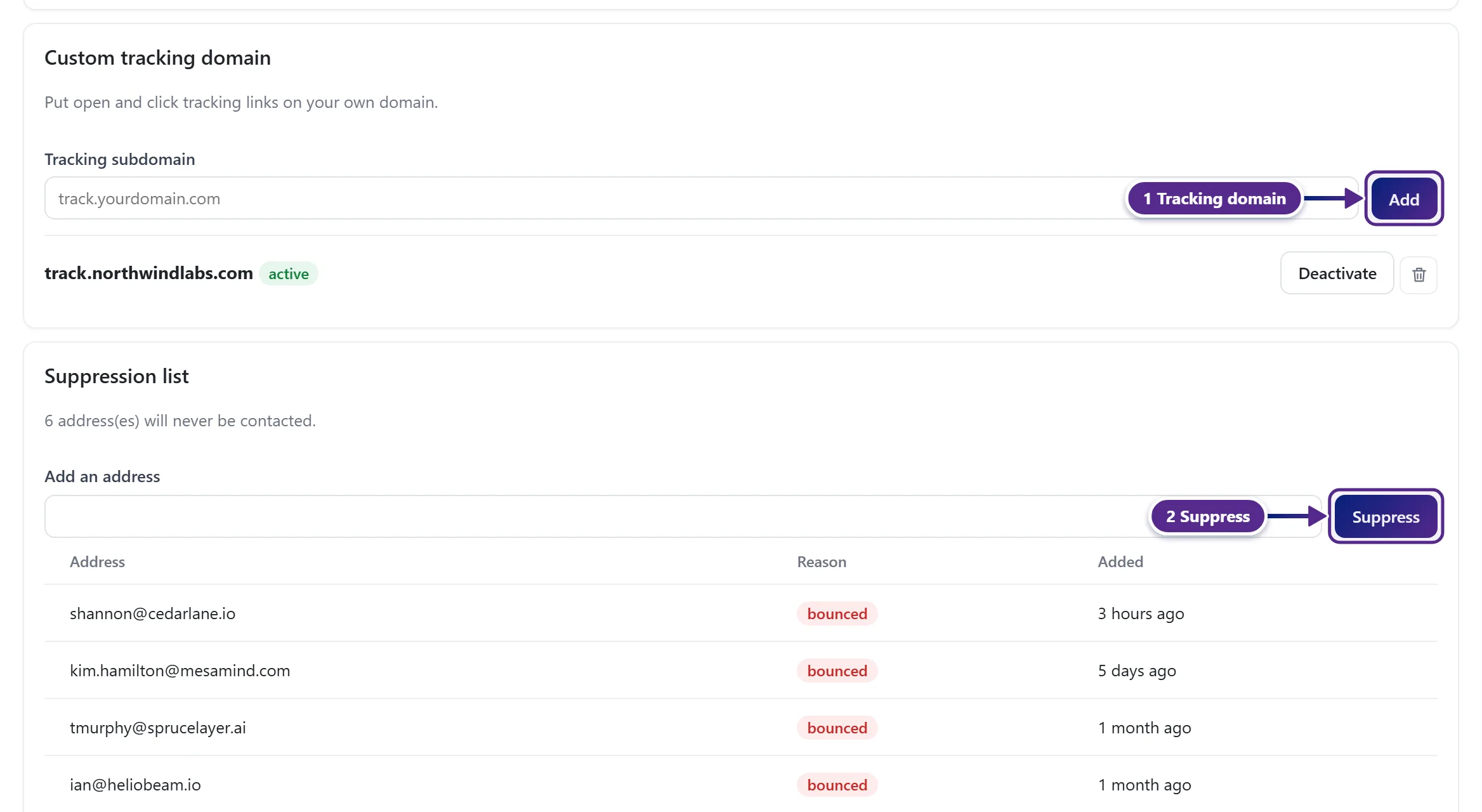 The Custom tracking domain and Suppression list cards at the bottom of the Deliverability page.