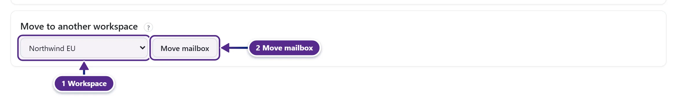 The Move to another workspace card on a mailbox Settings tab, with the workspace picker and the Move mailbox button marked.