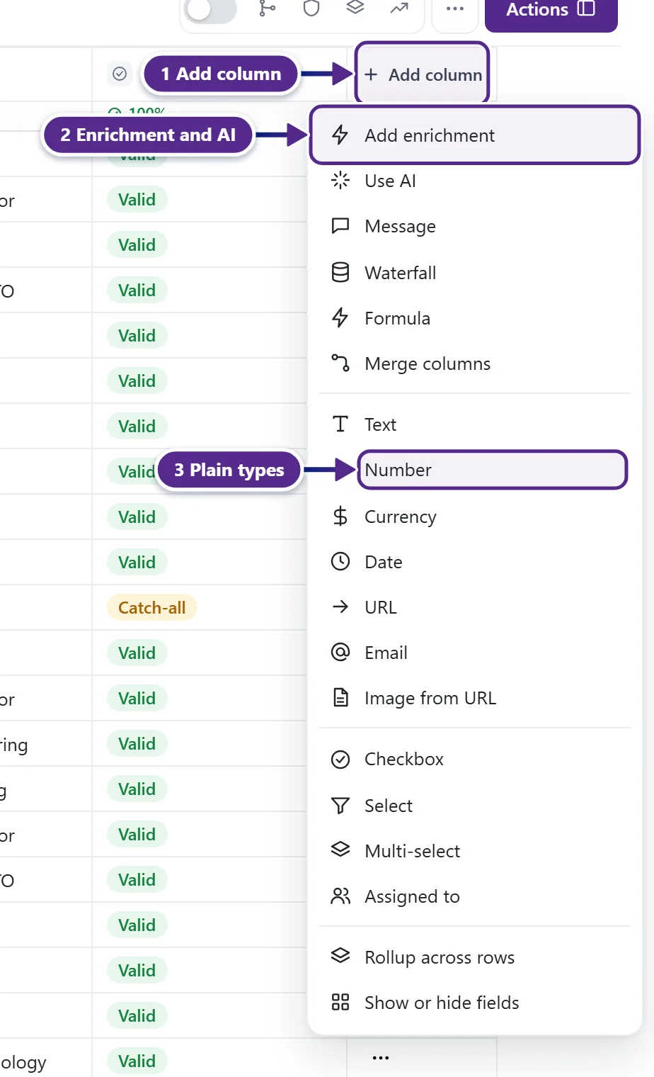 The Add column menu of a table with the enrichment, AI, waterfall and formula choices.