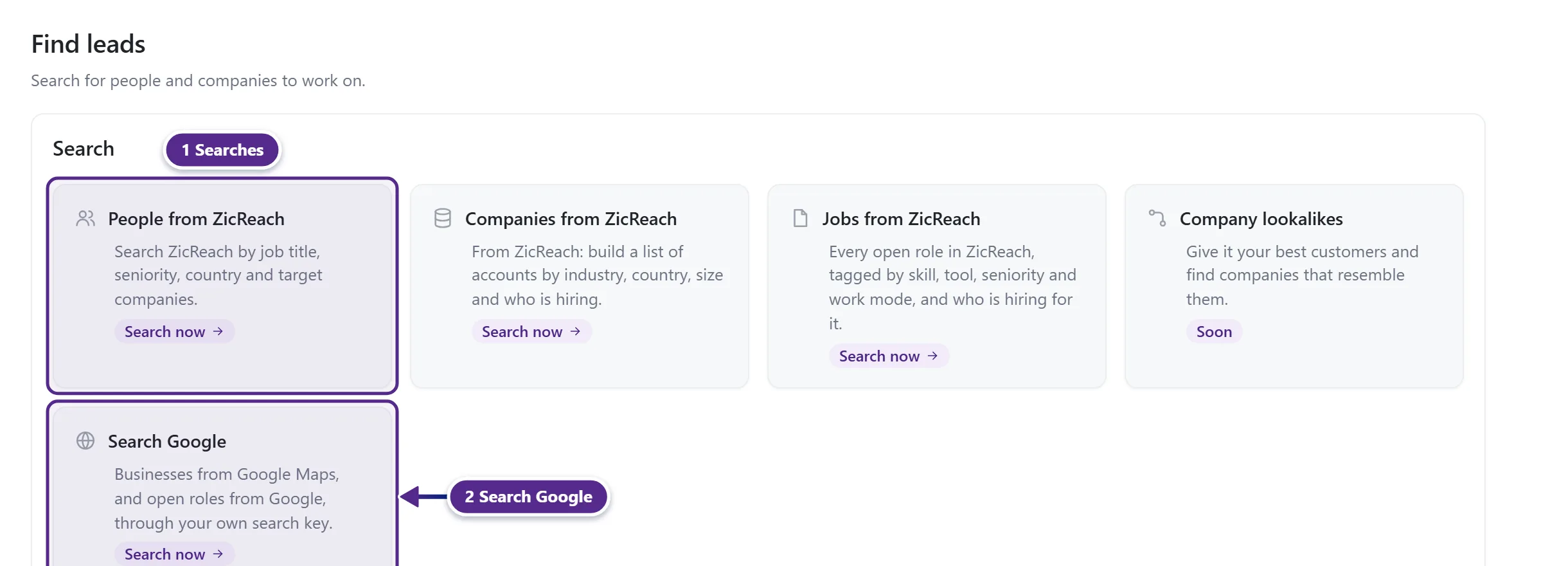 The Find leads page with the search cards and the Get leads in today shortcuts.
