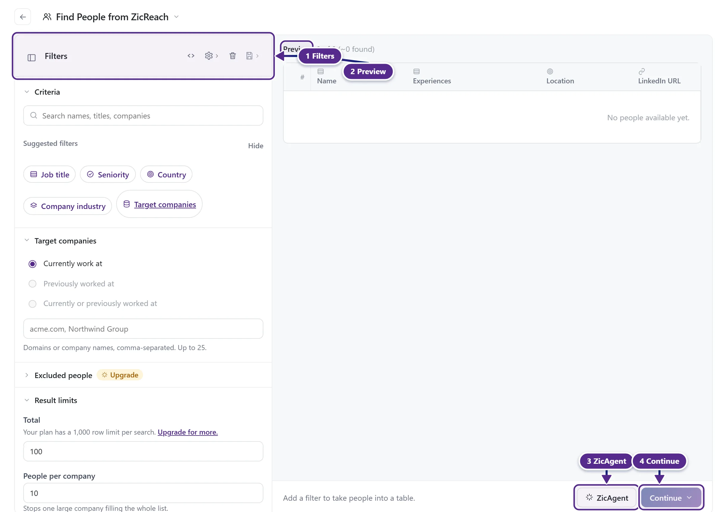 Find People from ZicReach with the filters, the preview and the ZicAgent and Continue buttons.