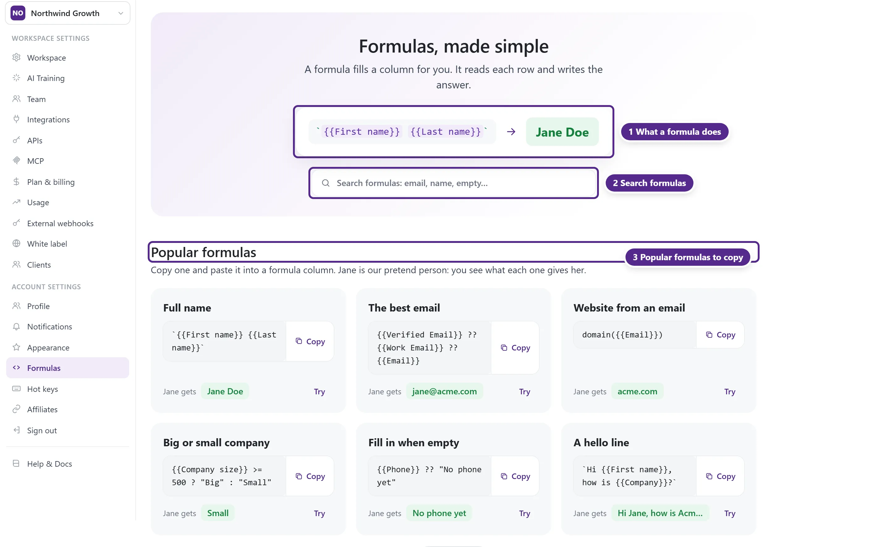 The Formulas page with the example, the search box and the popular formulas.