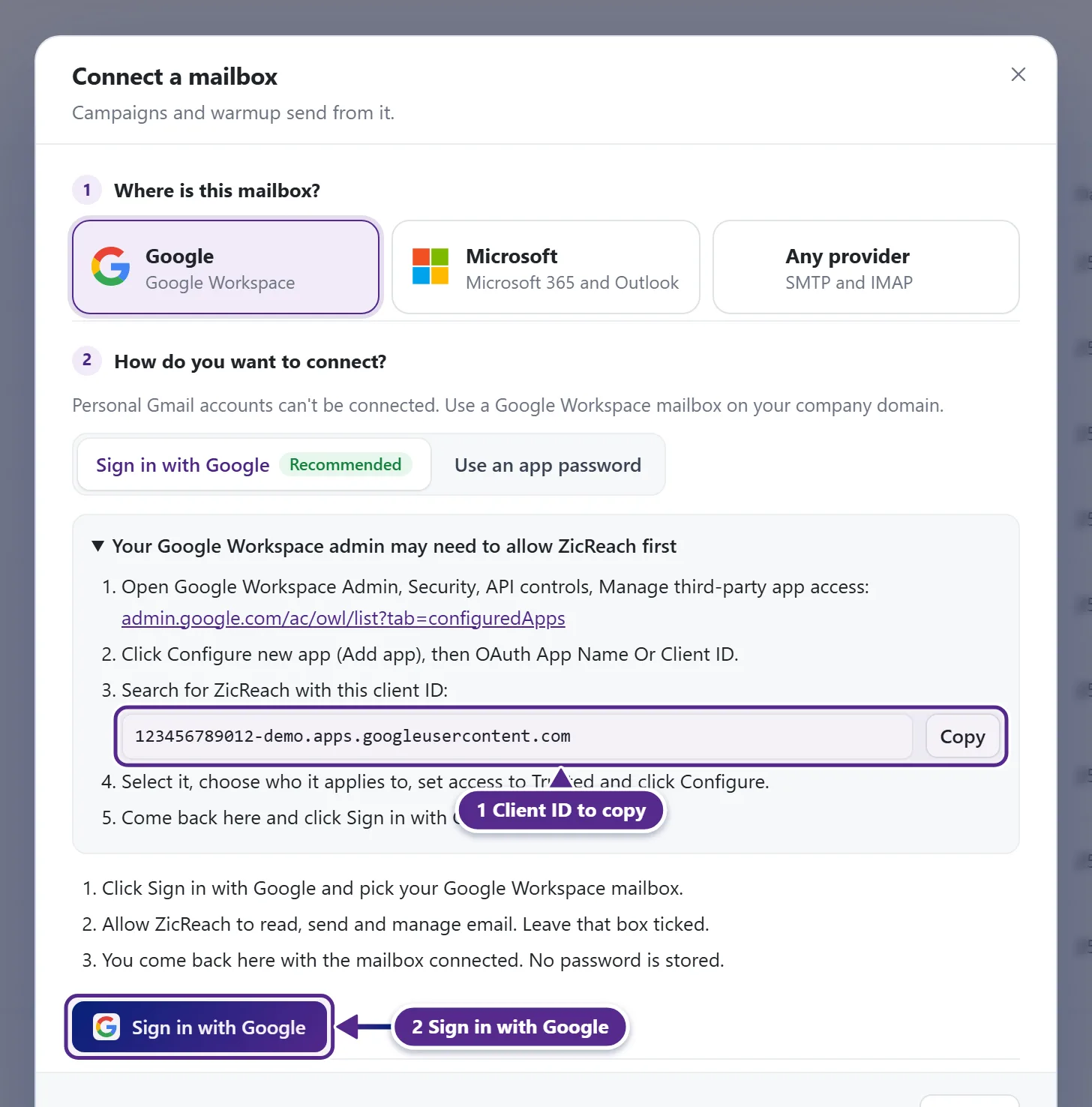 The Google step of the Connect a mailbox popup, where the Sign in with Google option and the client ID for administrators are shown.