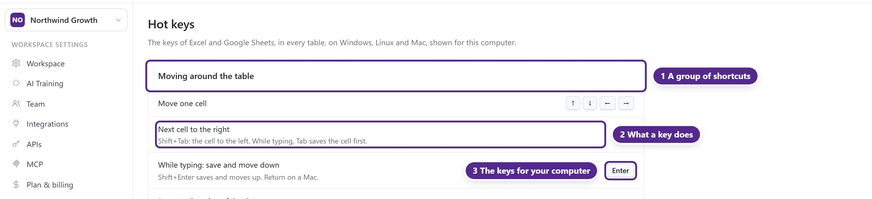 The Hot keys page with the shortcuts grouped under Moving around the table and Typing in cells.