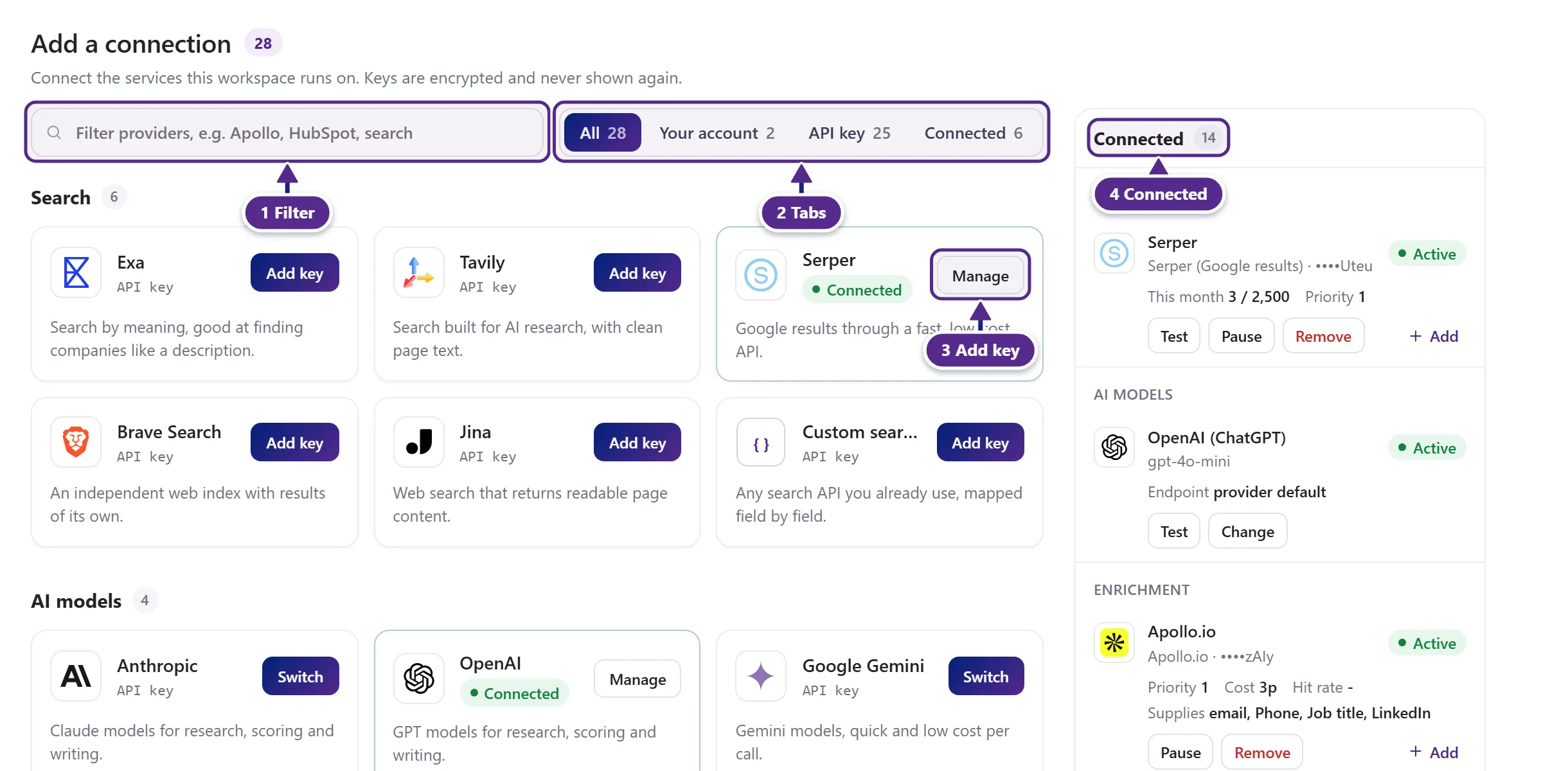 The Integrations page with the filter, the tabs, the provider cards with their logos and the Connected panel.