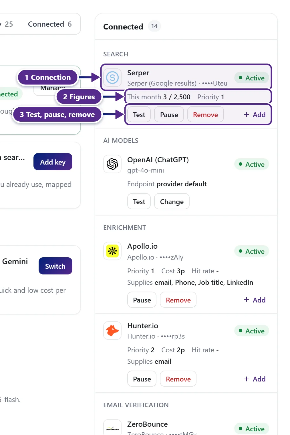 The Connected panel with the search, AI model, enrichment and verification connections and their buttons.