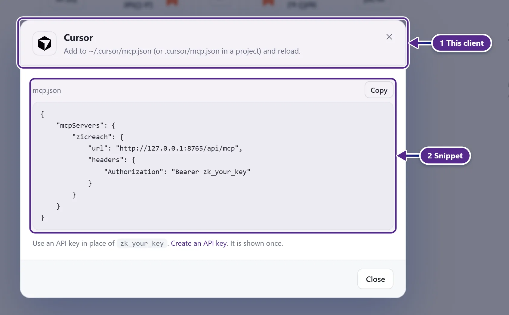 The setup popup for one AI client with its steps and a snippet with a Copy button.