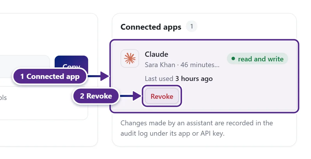 The Connected apps panel with a connected AI app, its access and the Revoke button.